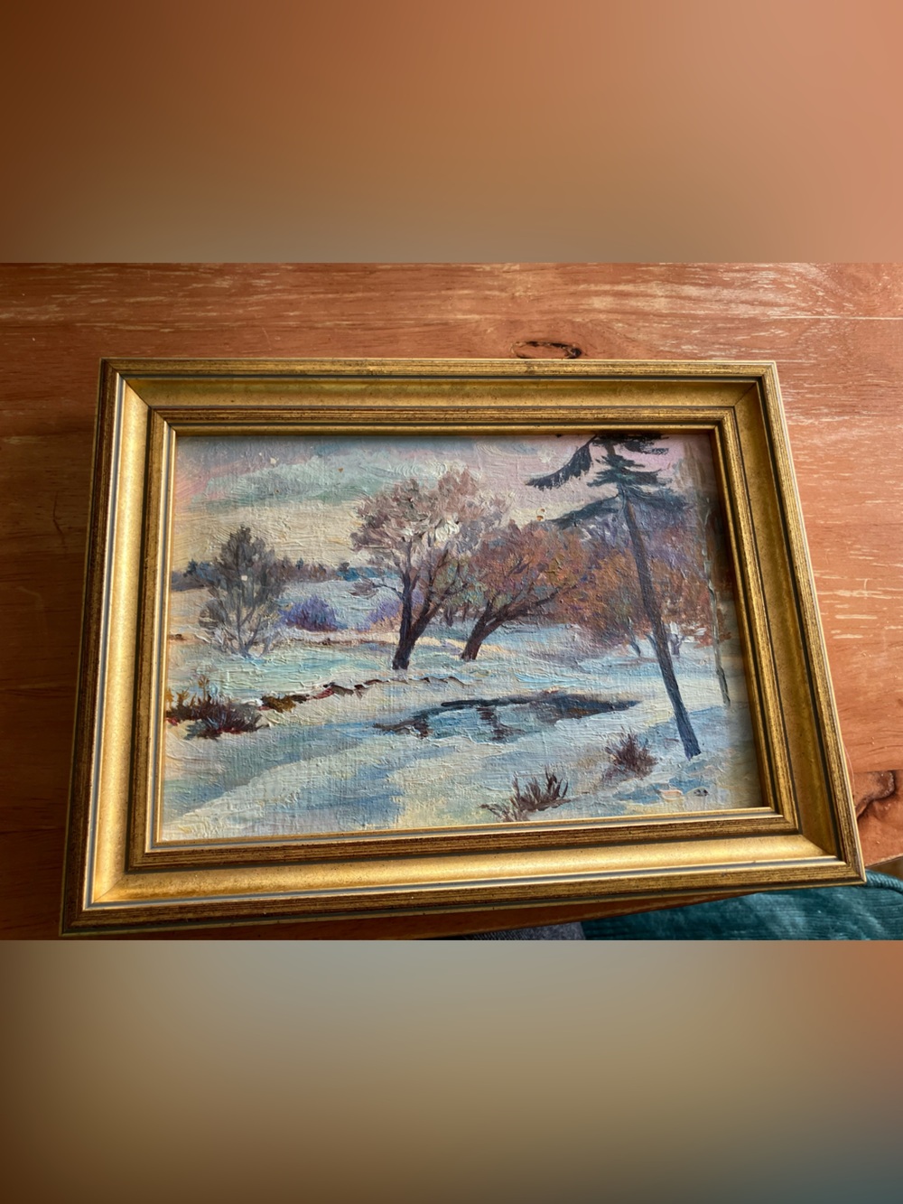 Framed Winter Landscape Oil Painting - Blue and Gold Tones